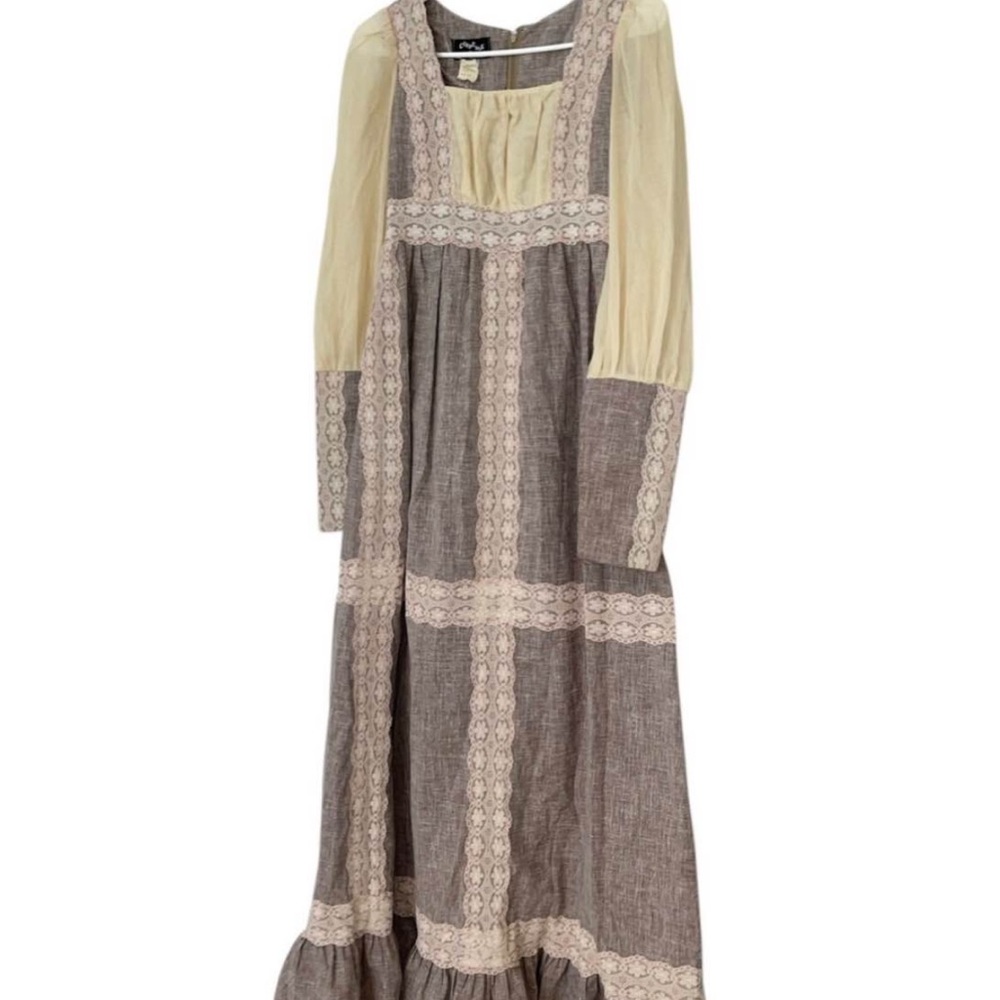 1970s Gunne Sax Brown Beige Lace Prairie Boho Cottage Maxi Dress